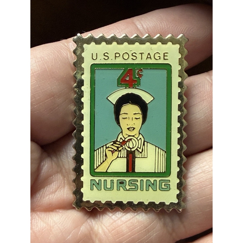Vintage Nursing Stamp Enamel Pin GoldTone 4¢ U.S. Postage Design Retro Old